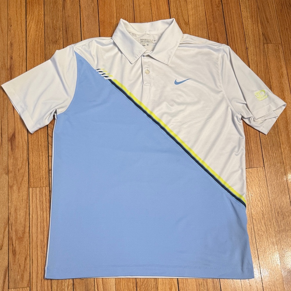 Nike Golf Shirt Men's White Light Blue Polo Short Sleeve Dri-Fit Tshirt L